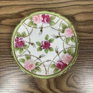 Vtg Antique NIPPON Hand Painted Plate Pink Roses with Gold Gilding Green 6.5"